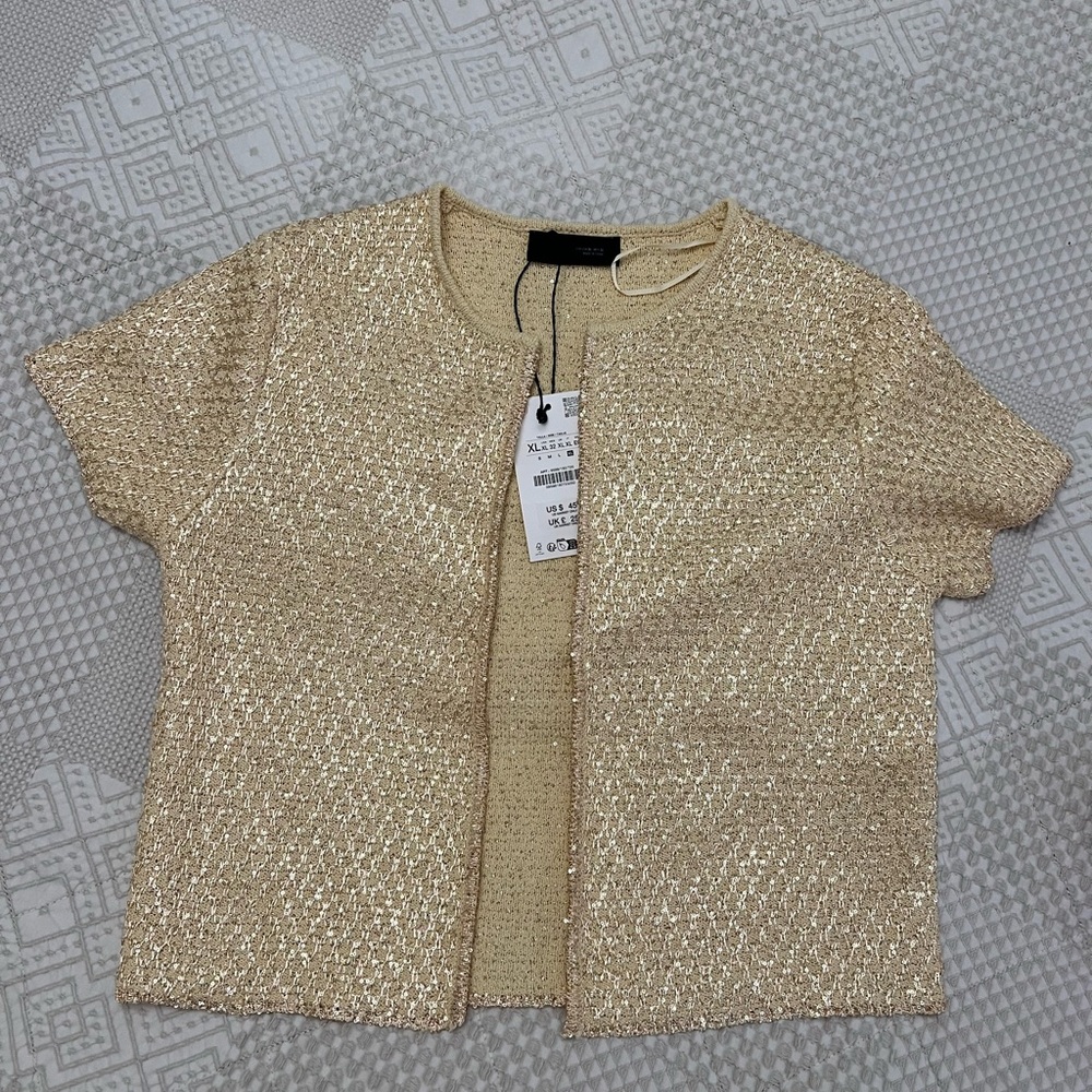 Zara Metallic Gold Short-Sleeve Open Cardigan size XL - Picture 2 of 7